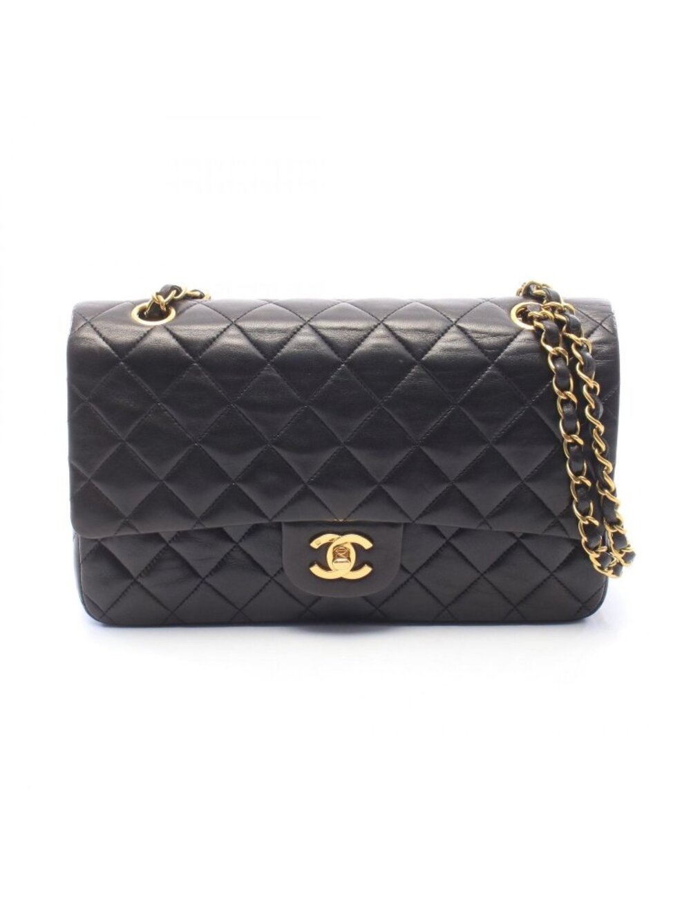 Chanel Shoulder Bag Quilted Double Flap Black Lambskin Chain